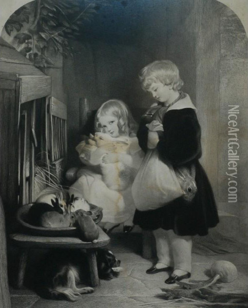 Children With Pet Rabbits Oil Painting - Thomas Landseer