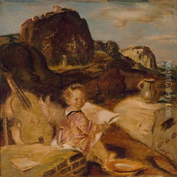 Allgauer Landschaft Mit Geflugeltem Engel, Cello Und Krug Oil Painting - Adolf Hengeler