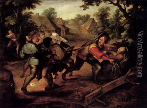 Peasants Fighting Beside An Overturned Bench And Scattered Playing Cards Oil Painting - Pieter Brueghel the Younger