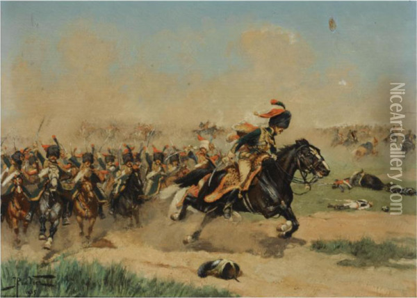 Une Charge, Chasseurs A Cheval De La Garde Et Hussards 9mm Regiment 1809 Oil Painting - Justus Pietrus De Veer