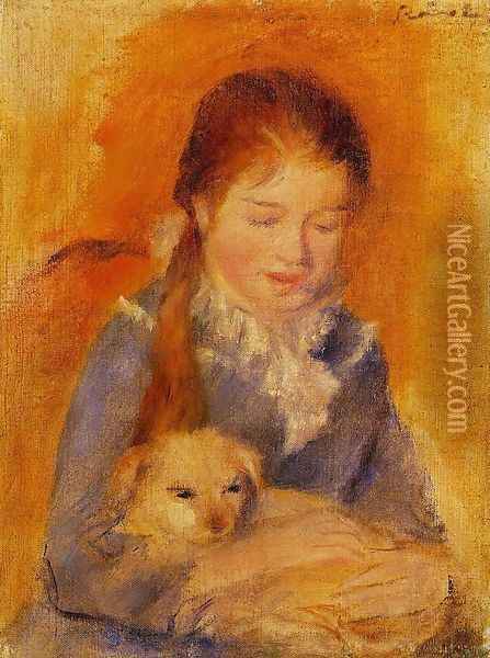 Girl With A Dog Oil Painting - Pierre Auguste Renoir