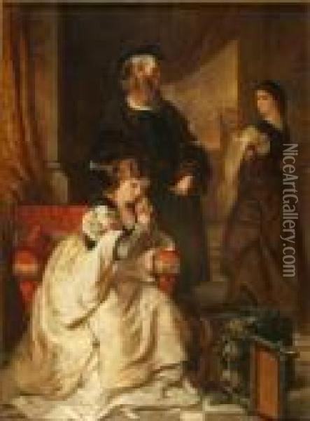 Hillingford, Taming Of The Shrew, Shakespearian Scene Of Threefigures In An Interior Oil Painting - Robert Alexander Hillingford