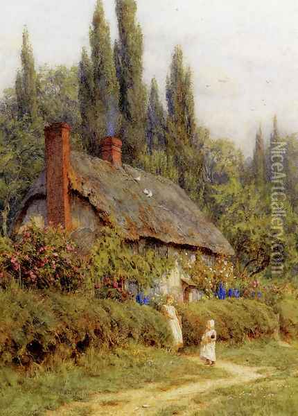 Children On A Path Outside A Thatched Cottage, West Horsley, Surrey Oil Painting - Helen Mary Elizabeth Allingham