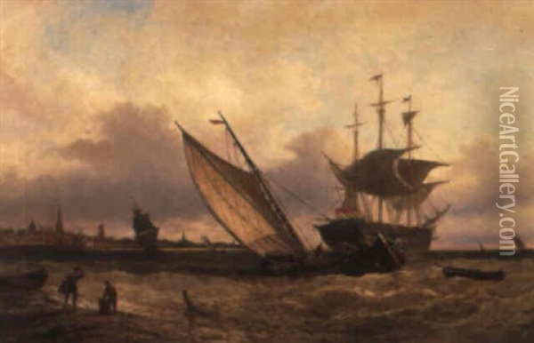 Dutch Vessels In A Breeze With The City Of Veere In The Distance Oil Painting - Elias Pieter van Bommel