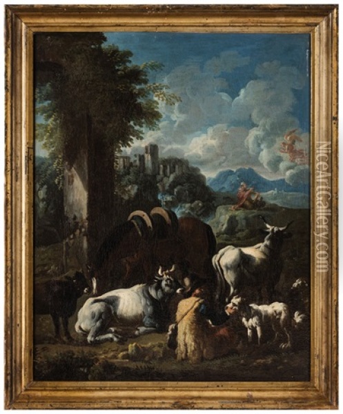 Veduta Di Tivoli Con Pastore, Armenti E Mose Oil Painting - Cajetan Roos