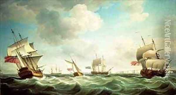 East Indiamen and a smack-rigged Royal Yacht in a breeze off the Downs Oil Painting - Charles Brooking