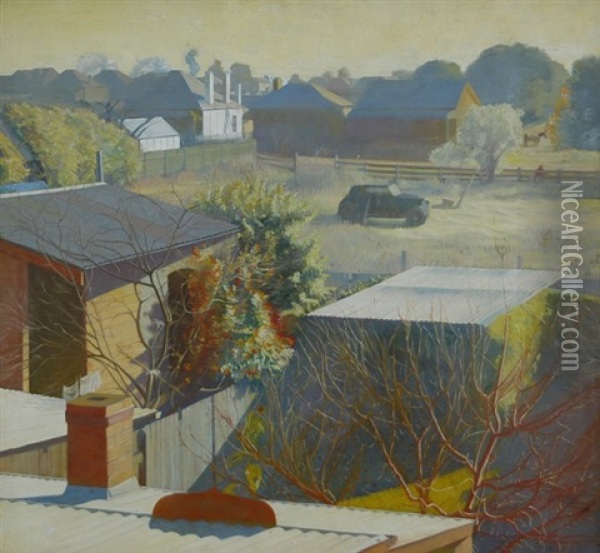 Suburban View With Motor Car & Paddock, Liverpool, N.s.w. Oil Painting - Eric Wilson