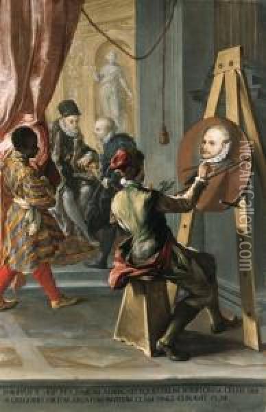 Fabio Albergati Received By 
Philip Ii Of Spain, While An Artistsecretly Executes His Portrait On The
 King's Instructions Oil Painting - Gian Antonio Burrini