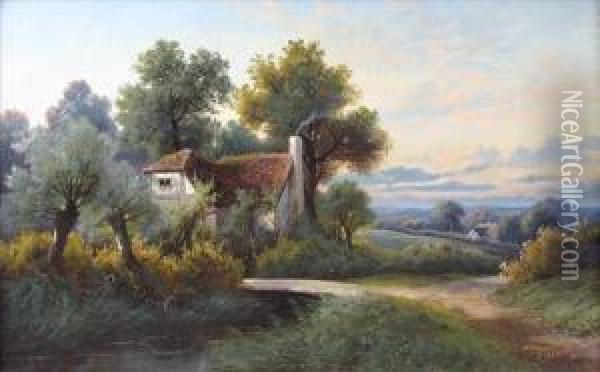 Figure On Ariverside Path Before
 A Whitewashed Cottage; Half-timber Cottagewith Stream And Plank Bridge 
To Foreground Oil Painting - Octavius Thomas Clark