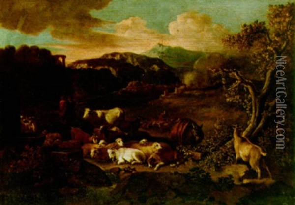 Shepderds With Their Herd Near A Fountain In An Italianate Landscape Oil Painting - Govaert (Gabriel van der) Leeuw