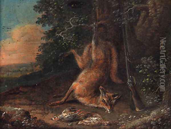 A dead fox and a brace of partridge at the edge of a wood Oil Painting - Ferdinand Phillip de Hamilton