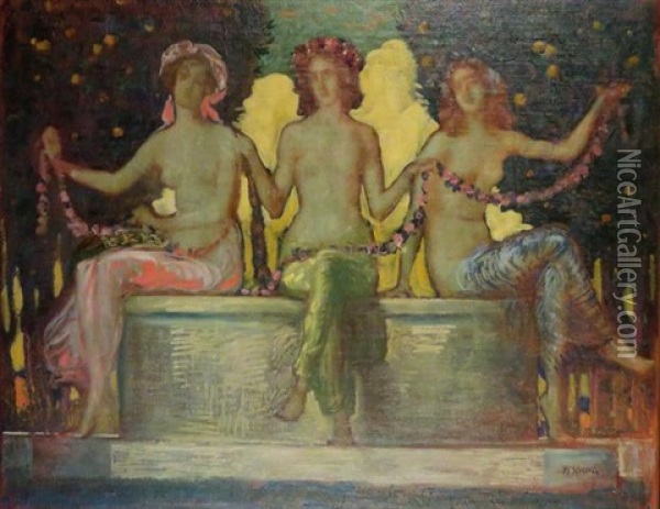 Three Women Oil Painting - Max Kuschel