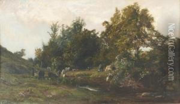 Landschaft Mit Weidenden Kuhen An Einem Weiher. Oil Painting - Henri-Arthur Bonnefoy