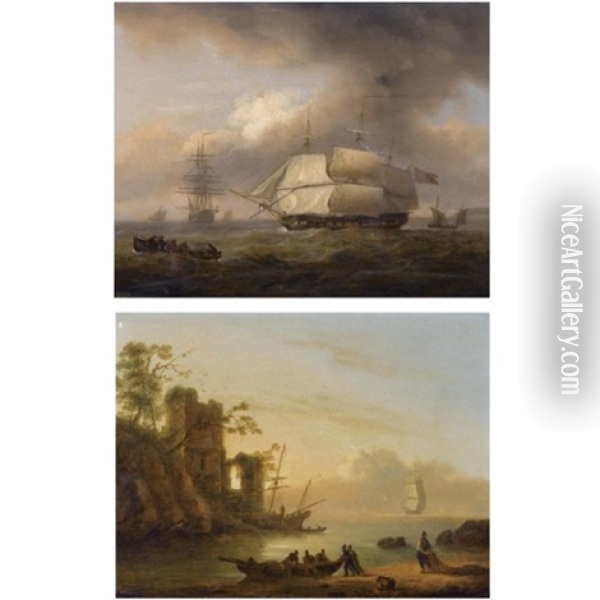 A 26-gun Frigate Of The Royal Navy Off A Headland (+ Fishermen In An Estuary; Pair) Oil Painting - Thomas Luny