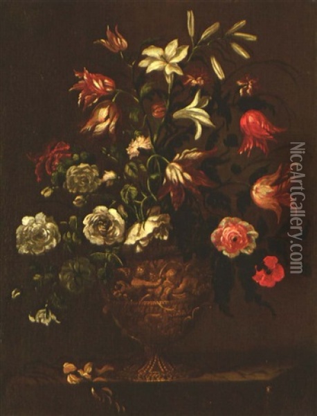 Blumenstrauss Mit Lilien In Relieferter Tonvase Oil Painting - Juan De Arellano