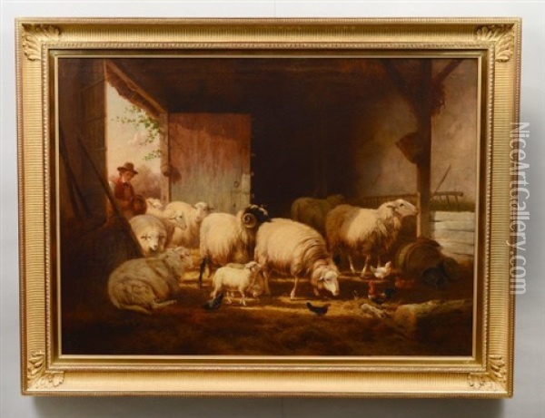 Interior Barn Scene With Sheep, Chickens And Farmer Oil Painting - Cornelis van Leemputten