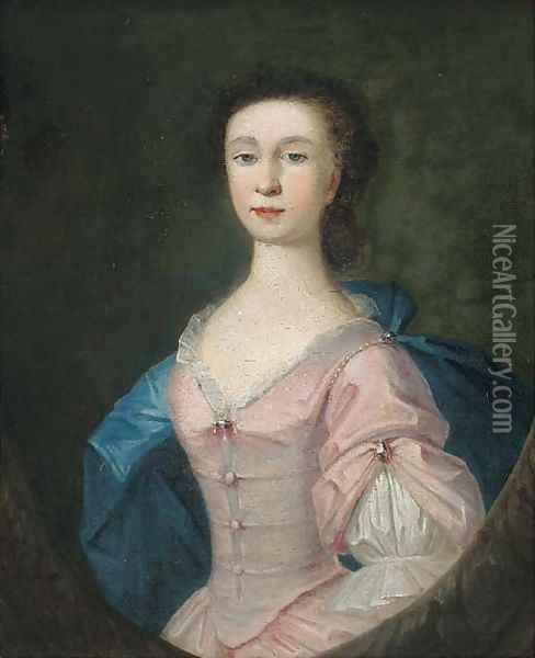 Portrait of Alice Bill, half-length, in a pink dress and blue wrap, in a feigned oval Oil Painting - Richardson. Jonathan