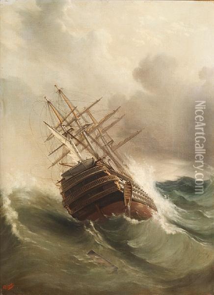 Sailing Vessel Foundering Off Leghorn Oil Painting - Luigi P. Renault