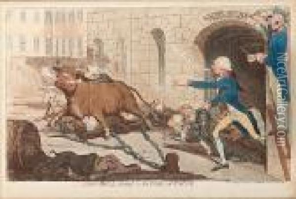 John-bull, Baited By The Dogs Of Excise Oil Painting - James Gillray