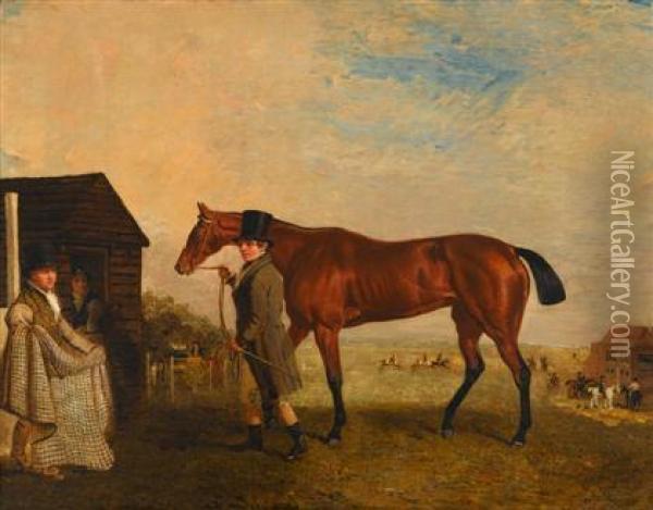 'pastime' A Bay Filly, Led By One Of Her Trainers, With A Groom In Attendance Oil Painting - Benjamin Marshall