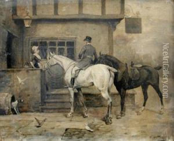 A Gentleman On A Grey Hunter Arriving At An Inn Oil Painting - George Wright