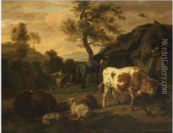 Cattle Near A Farmstead, Two Shepherds Beyond Oil Painting - Dirk van Bergen
