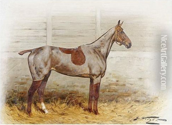 A Clipped Chestnut Hunter Mare 
In A Loose Box, And Another, A Clipped Chestnut Gelding In A Loose Box, A
 Pair Oil Painting - George Wright
