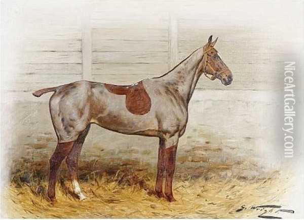 A Clipped Chestnut Hunter Mare 
In A Loose Box, And Another, A Clipped Chestnut Gelding In A Loose Box, A
 Pair Oil Painting - George Wright