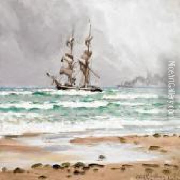 Strandet Brig, Tiltagende Kuling,skagen Nordstrand Oil Painting - Carl Locher