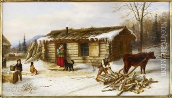 Chopping Logs Outside A Snow Covered Log Cabin Oil Painting - Cornelius David Krieghoff