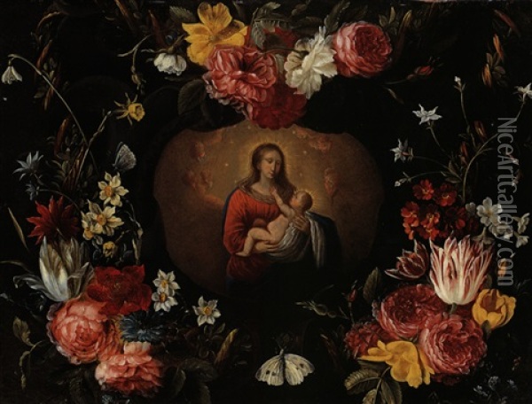 Madonna In Blumenkranz (in Collab. W/hendrik Van Balen) Oil Painting - Jacob Fopsen van Es