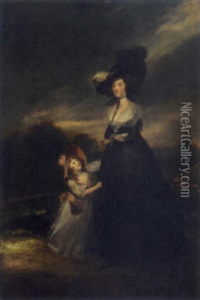 Portrait Of A Lady In A Black Dress And Hat And Portrait Of A Girl In A White Dress And Pink Bonnet Oil Painting - Richard Cosway