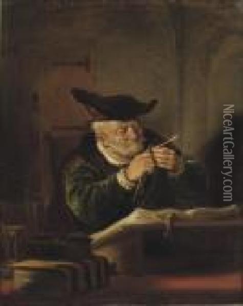 A Scholar Sharpening His Quill Oil Painting - Salomon Koninck