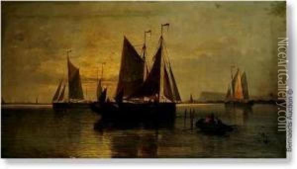 Marine With Yachts At Sunset Near The English Coast. Canvas. Signed And Dated A.mulholland/1884. Slightly Damaged In The Bottom Right. Oil Painting - St. Clair Augustin Mulholland