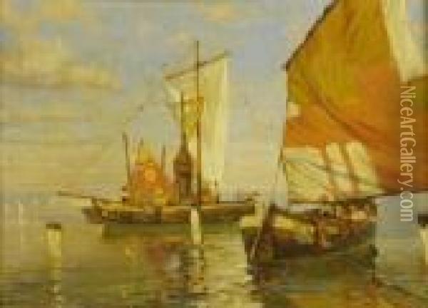 Marina Con Barche A Vela In Primo Piano Oil Painting - Adolfo Tommasi