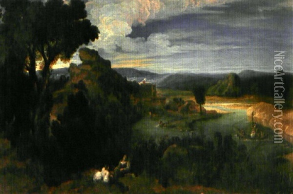 Paysage Au Lac Et Aux Promeneurs Oil Painting - Francisque (Joseph F.) Millet