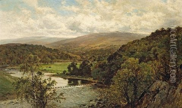 An Extensive River Landscape With Mountains Beyond Oil Painting - Alfred Augustus Glendening Sr.