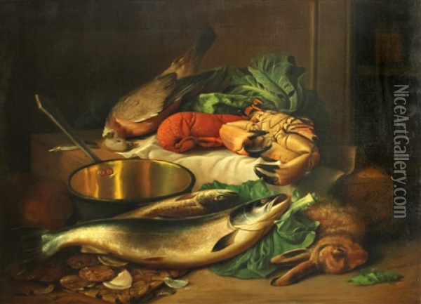 A Still Life With A Lobster, A Crab And Game Oil Painting - John Bucknell Russell