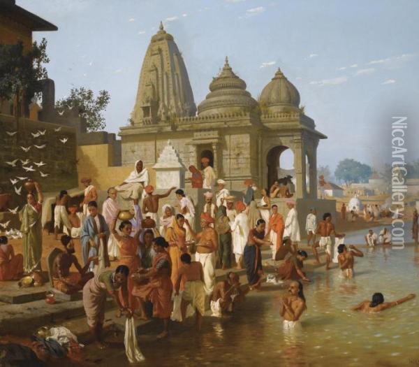 Worshipers At The Trimbakeshwar Temple In The Town Of Trimbak Oil Painting - Horace Van Ruith