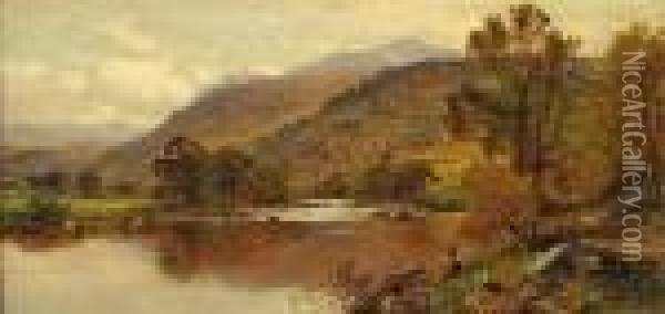 River Landscape In Wales Oil Painting - Alfred Augustus Glendening