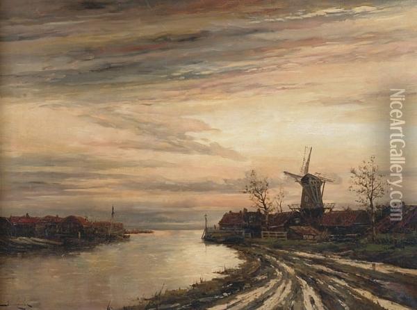 Dutch River Estuary With A Windmill Oil Painting - Hermanus Jr. Koekkoek