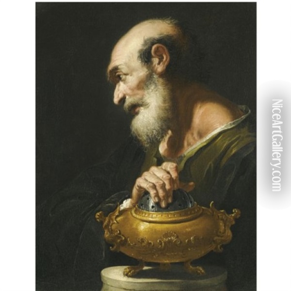 Bearded Figure Wearing A Black Tunic With His Hand Over A Brazier (study Of Mucius Scaevola?) Oil Painting - Francesco Salvator Fontebasso
