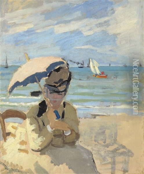 Camille Assise Sur La Plage A Trouville Oil Painting - Claude Monet