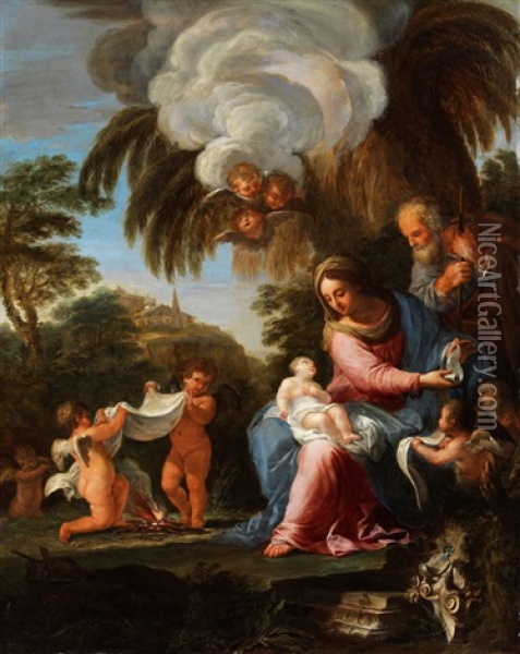 Die Heilige Familie In Hugeliger Landschaft Oil Painting - Carlo Maratta