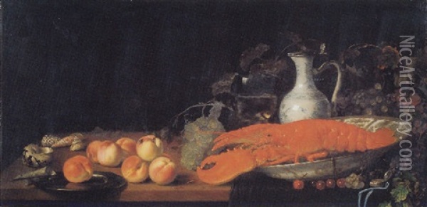 A Lobster In A Porcelain Bowl, A Porcelain Jug, A Roemer, Grapes, Peaches, Shells And A Watch On A Table Oil Painting - Abraham Van Calraet