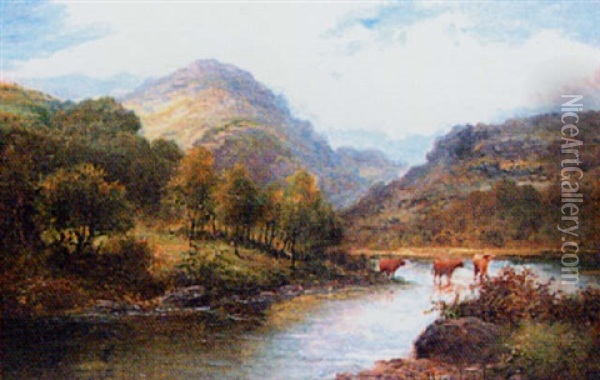 Highland Landscape With Cattle Oil Painting - William Langley
