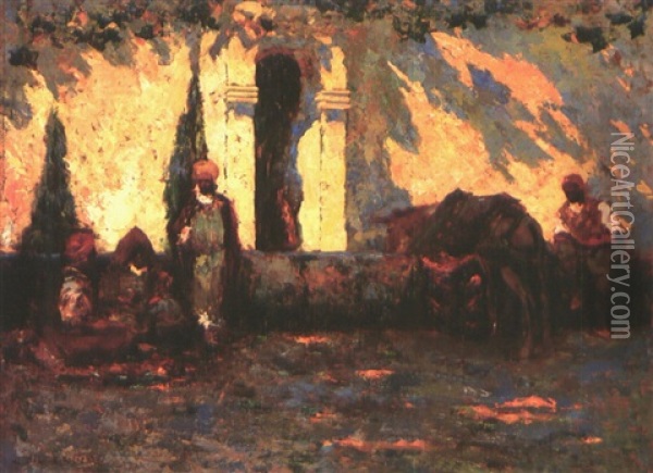 Marocains A La Fontaine Oil Painting - Charles Henri Gaston Dagnac-Riviere