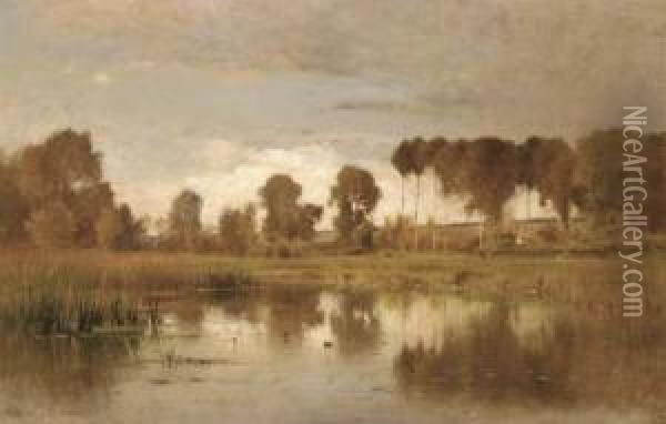 Landscape With Pond And Poplars Oil Painting - Ernest Parton