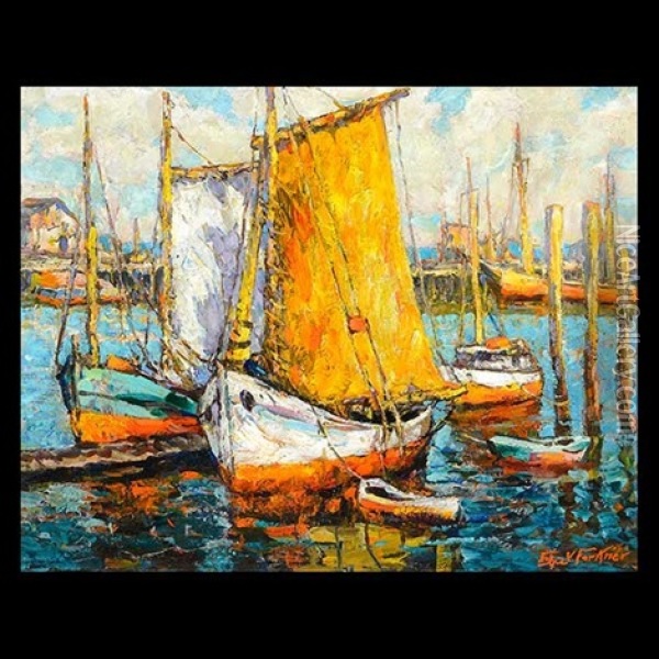 Ships In Marina Oil Painting - J. Edgar Forkner