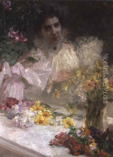 Frau Beim Blumenstecken Oil Painting - Charlotte Hampel
